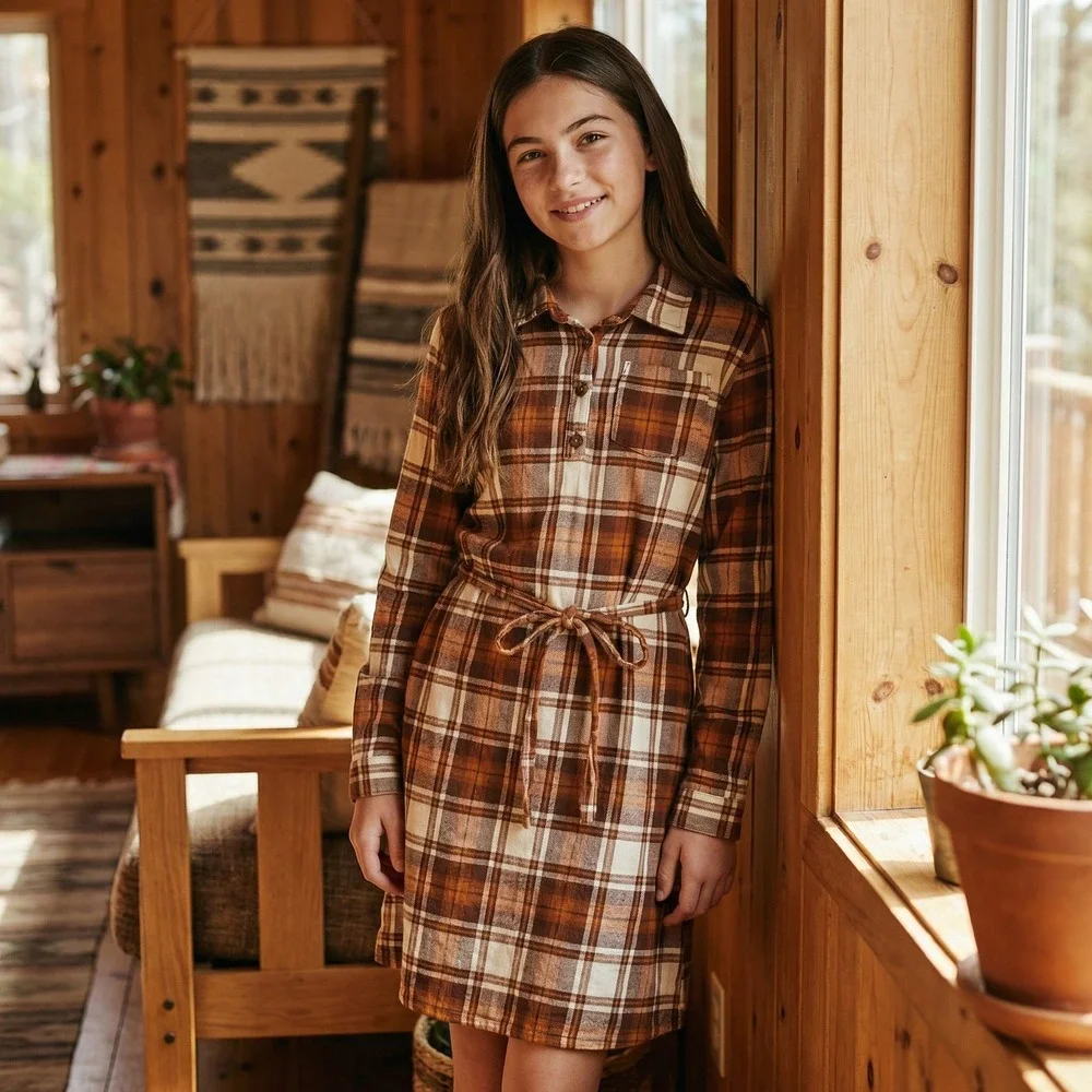 The Childrens Place Plaid Flannel‎ Shirt Dress Girls 14 XL Brown Orange Cotton